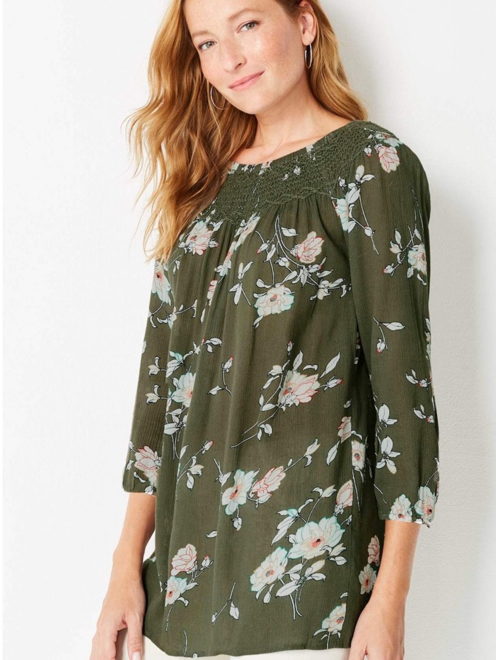 J. Jill Olive Green Floral Smocked Yoke Tunic